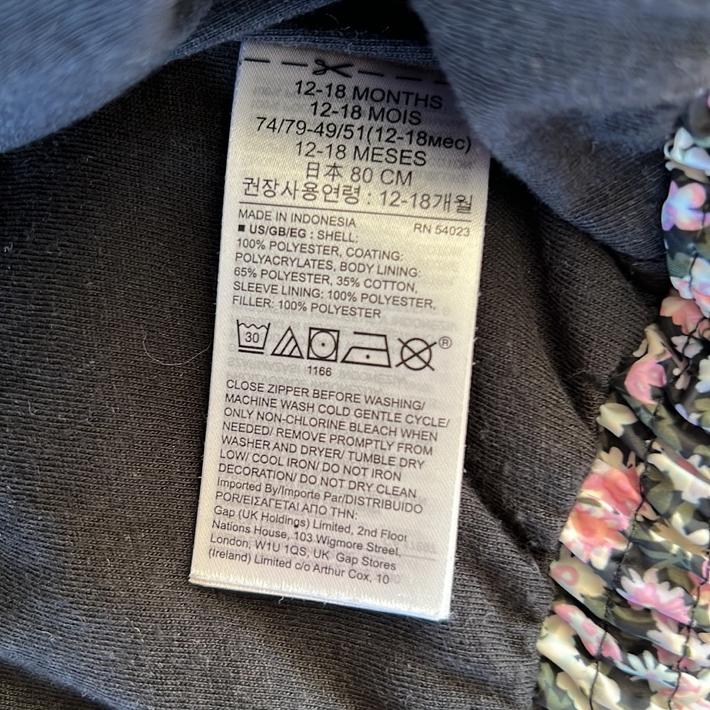 GAP Baby Girl Floral Puffer Jacket Coldcontrol Primaloft 12-18M - Picture 8 of 8